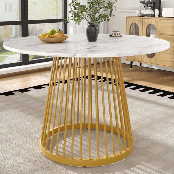 Flieks Esstisch (80x76 cm, 1-St, 1 Tisch), runder Küchentisch, Tischplatte in weiße Marmoroptik, Metallbeine