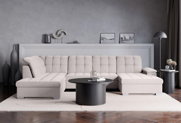 Selsey Ecksofa 330x212 cm U-Form Hellgrau Modular Couch Sofa Mit Schlaffunktion Ottomane Sofa Mit Stauraum/Bettkasten verstellbare Kopfstützen Wasserabweisend, Abriebfest Rechtse Seite