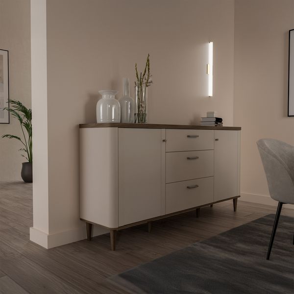 Forte LACETTI Kommode 120, moderne Kommode, Skandi Lamellen Design, 3 Schubladen, 1 Tür, Holzwerkstoff, Kaschmir|Beige|Valencia Eiche Holzdekor, 120,1 cm breit x 91,7 cm hoch x 41,2 cm tief