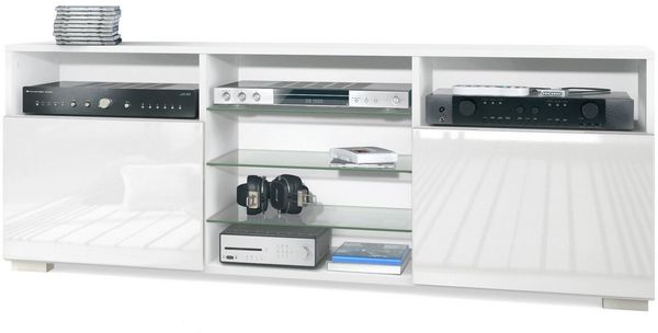 TV-Board Granada, Lowboard mit 2 Türen und 6 offenen Fächern, Korpus Weiß matt, Fronten in Weiß Hochglanz (146 x 54 x 35 cm)