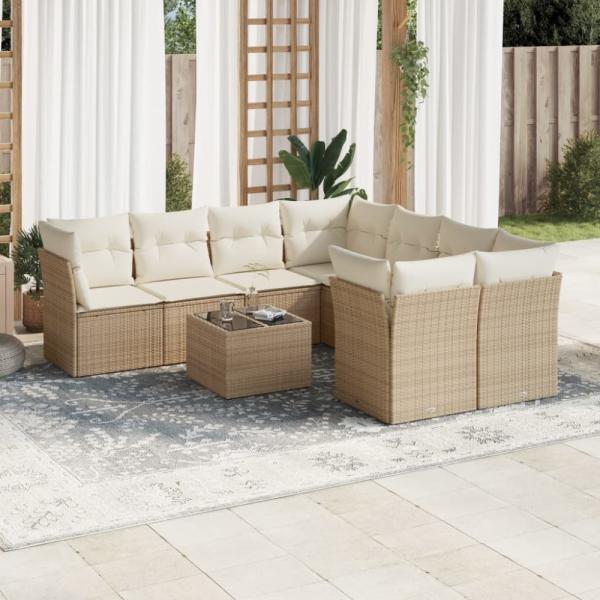vidaXL 9-tlg. Garten-Sofagarnitur mit Kissen Beige Poly Rattan 3249157