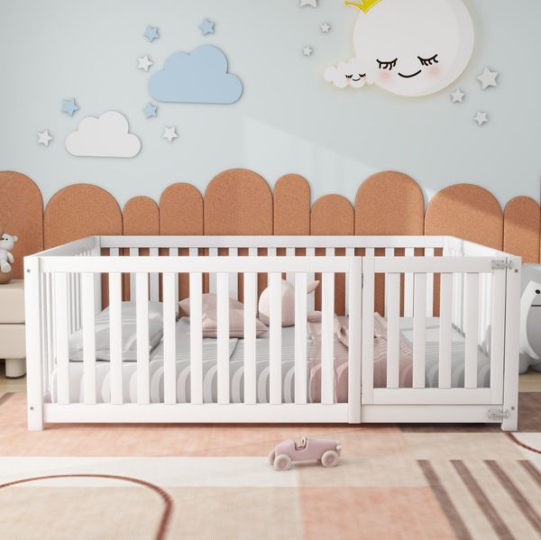 Weißes Bodenbett 140x200 cm Mit Sicherheitszaun Und Tür Kinderbett Ohne Lattenrost Spielbett Mit Kreis Design Massivholz Bodenbett Vielseitiges Bett Für Kinderzimmer