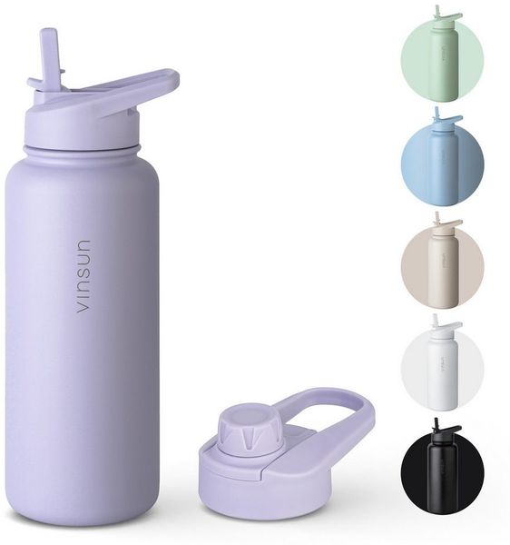 Vinsun Isolierflasche Edelstahl Trinkflasche 750ml Strohhalm - 2 Deckel Thermoflasche, BPA frei, doppelwandig, auslaufsicher, bruchsicher, geruchsneutral