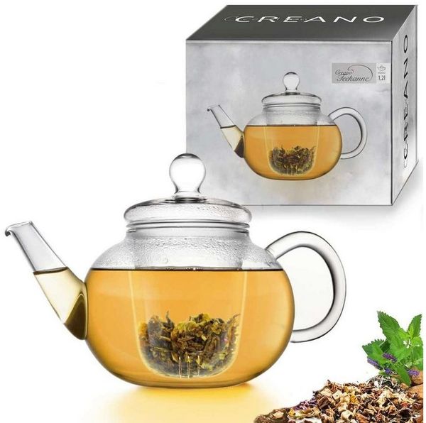 Creano Teekanne Creano Teekanne aus Glas 1,2l - Glasteekanne mit Glas-Sieb und Deckel, 1x Glasteekanne mit Glassieb