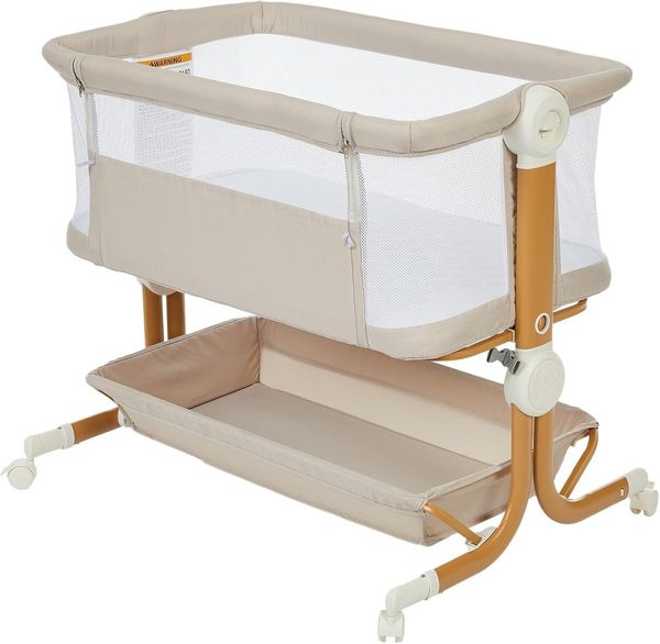 GarveeMore Babybett 3-in-1 Mit Wiege,Höhenverstellbar in 6 Stufen Mit Rollen, Beistellbett Atmungsaktivem Netzgewebe,Moskitonetz Großem Stauraumkorb