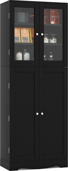 Küchenschrank aus Holz mit 2 Türen gehärtetem Glas & Regalen Hochschrank Schwarz