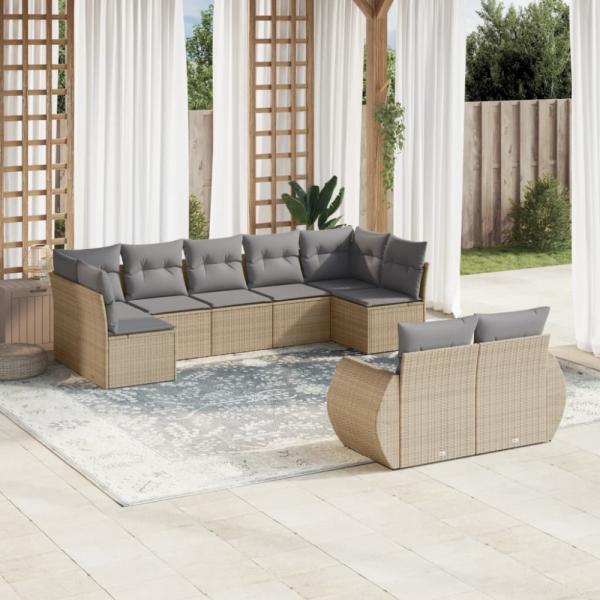 vidaXL 9-tlg. Garten-Sofagarnitur mit Kissen Beige Poly Rattan 3221818