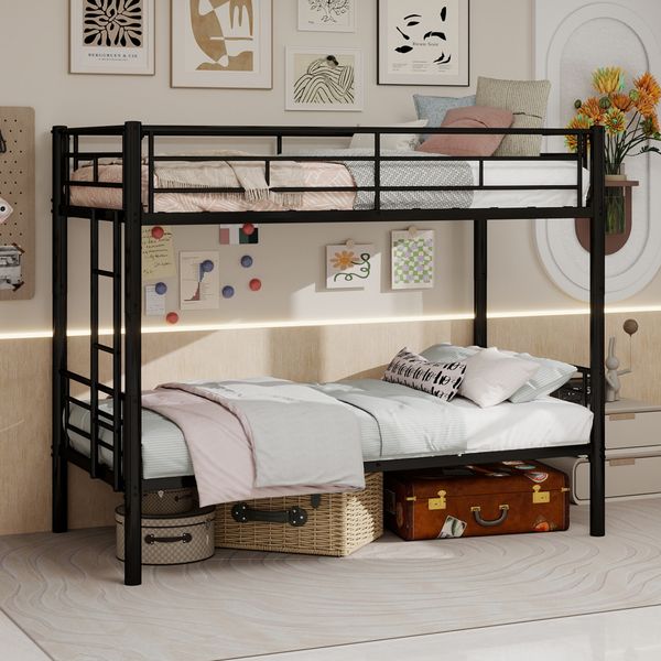 Flieks Etagenbett Metallbett 90x190cm, Einzelbett 2 Set, Jugendbett, Gästebett mit Leitern und Geländer, lärmfrei, Schwarz