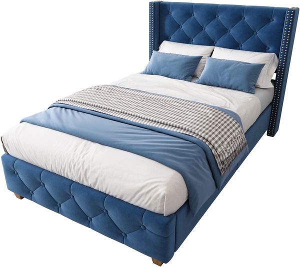 Polsterbett 90x200 cm Samt mit Knopf-Tufting und Nietenverzierung, Holzbeine, Lattenrost (12 Leisten),blau,Matratzen enthalten