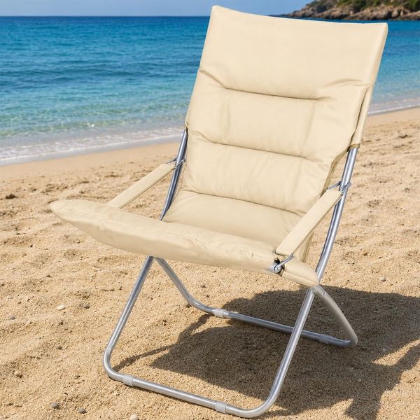 BAKAJI Klappbarer Strandstuhl, tragbar, zusammenklappbar, Gestell aus Aluminiumrohr, Bezug aus Oxford-Gewebe, für Strand, Meer, Camping, Beige