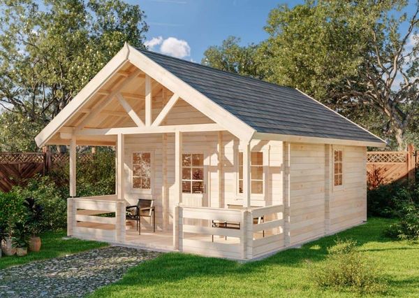 Alpholz Garten- und Freizeithaus Lillehammer Blockhaus aus Holz Holzhaus mit 70 mm Wandstärke inklusive Terrasse inklusive Schlafboden Blockbohlenhaus mit Montagematerial