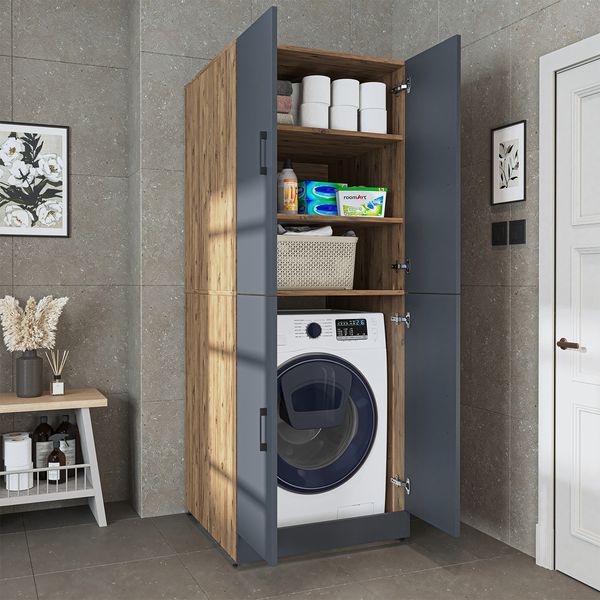 Roomart Waschmaschinenschrank DORA-II- Waschmaschinen- & Trocknerschrank mit Türen & Ausziehbrett – Waschküchenschrank für Waschmaschine & Trockner • Anthrazit-Eiche