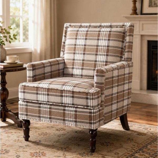 KLAM HOME Loungesessel Premium Vintage Akzentstuhl Blau-Weiß Gestreift Leinenstoff (Wohnzimmer Sessel mit edler Nagelkopfeinfassung & Massivholzrahmen), Bequemer Polster-Sessel mit Hochdicht-Schaum für stilvolle Innenräume