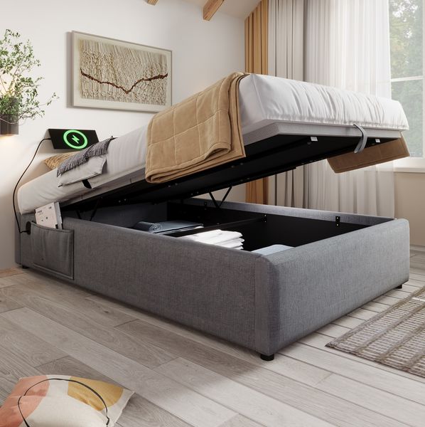 Einzelbett 90x190 cm mit Hydraulik-Stauraum & USB-C, Grau Baumwolle-Leinen, inkl. Vollholzlattenrost