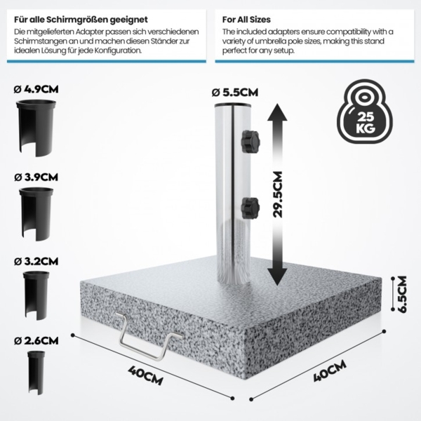 anaterra® Sonnenschirmständer - Granit, 25 kg, Quadratisch, mit Rollen und Griff, Edelstahl - Schirmständer, Sonnenschirmsockel, Ständer für Sonnenschirm, Balkon, Terasse, Garten, Outdoor