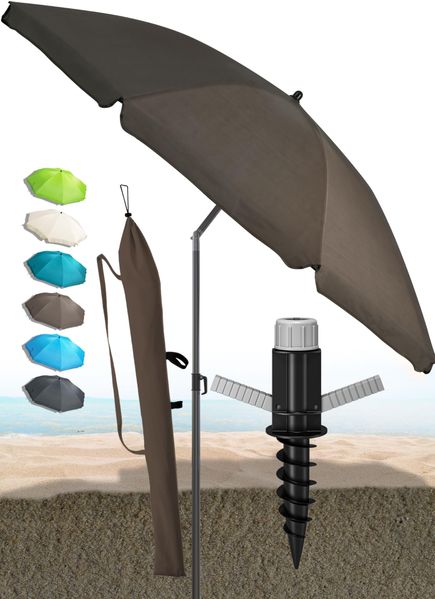 Menz Sonnenschirm Strand in Taupe - Komplettes 3er-Set inkl. robustem Sonnenschirm + solider Bodenhülse + langlebiger Schutzhülle, Strandschirm windfest stabil, Strandschirm mit UV50+ Schutz