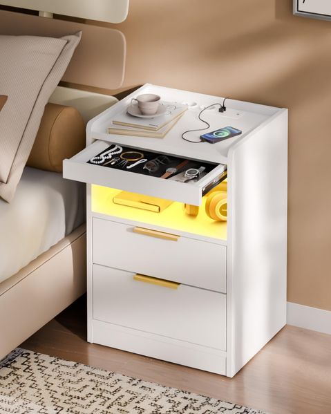 Mondeer Nachttisch LED mit Versteckte Schublade, Nachtschrank mit USB-Anschlüssen & Steckdosen, für Schlafzimmer Wohnzimmer Büro, 60 x 40 x 35 cm (Weiß)