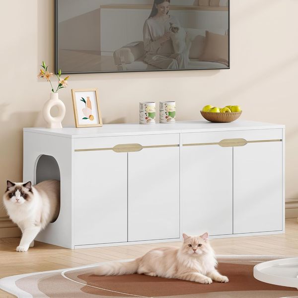 Katzenklo Schrank, Katzenschrank für 2 Katzen, Katzentoilette mit Tür, für Katzen, Doppeltür, Beistelltisch, 120 x 50 x 53,4 cm, Weißeiche und Weiß, Modern