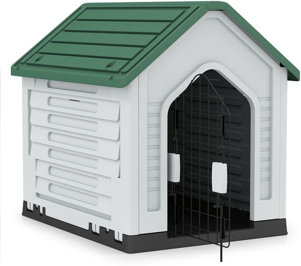 Kunststoff-Hundehütte Tierunterkunft mit abschließbarer Metalltür Belüftungsschlitzen & geneigtem Dach Grün