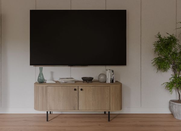 Ovalio TV-Board Typ 302 Lowboard 123 cm TV-Schrank Wohnzimmer Esszimmer Anrichte Modern Farbwahl Sandbeige, Cremona-Eiche und Dunin-Eiche