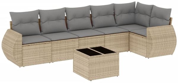 vidaXL 7-tlg. Garten-Sofagarnitur mit Kissen Beige Poly Rattan 3253736 Bild 2
