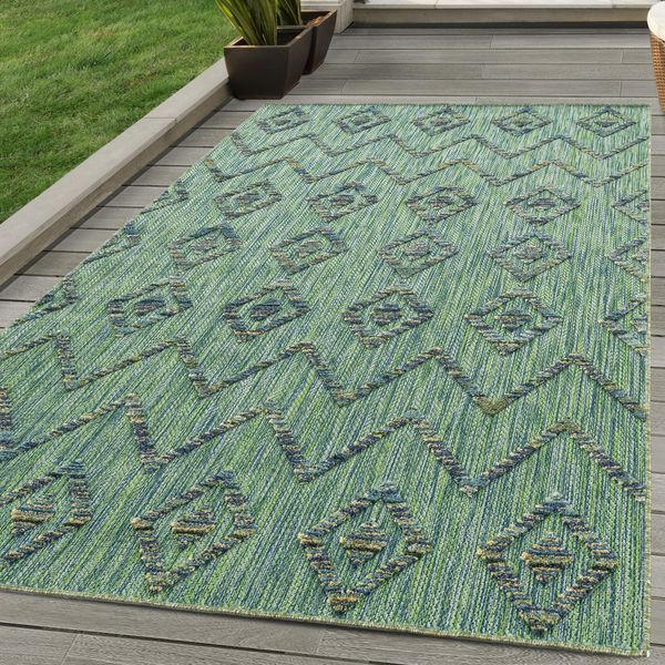 SIMPEX24 Outdoorteppich Boho Design, Läufer, Höhe: 10 mm, Outdoor Teppich Grün 3D Boho Design für Küchen Balkon Terrasse Garten