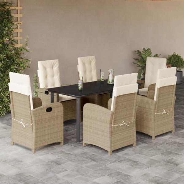 vidaXL 7-tlg. Garten-Essgruppe mit Kissen Beige Poly Rattan 3212386