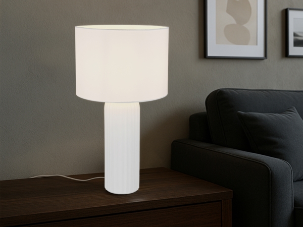 Große Tischlampe BLAIR mit Keramikfuß & Stoffschirm Weiß, Höhe 51cm