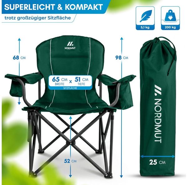 Nordmut Campingstuhl Klappstuhl faltbar, Outdoor Strand Angeln Garten, 200 kg, Armlehne (Spar-Set, 2 St), Kühltasche, Getränkehalter, breite Sitzfläche, gepolstert, wetterfest Bild 2