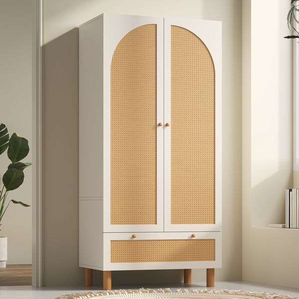 Kleiderschrank Landhausstil mit Rattan, Weiß, Holzschrank mit Hängebereich, Regalen & Schublade, Garderobenschrank