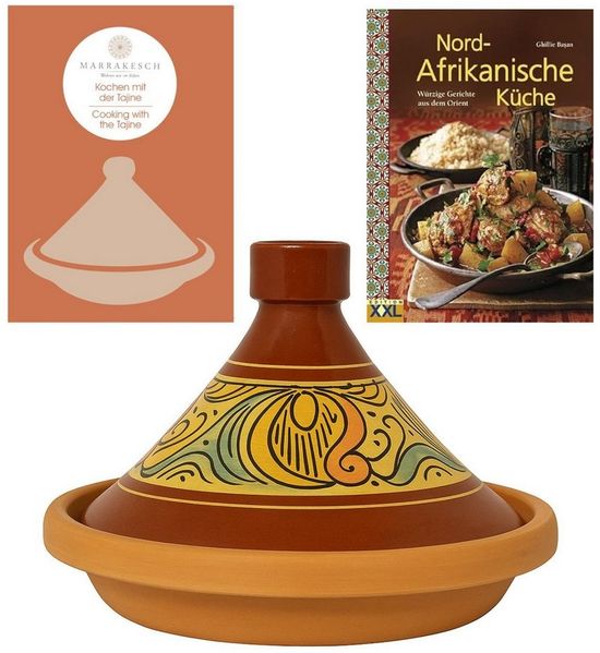 Marrakesch Orient & Mediterran Interior Dampfgartopf Tajine Shasha Ø31cm natur glasiert inkl. Nord Afrikanische Kochbuch, Lehm (1-tlg), Handarbeit