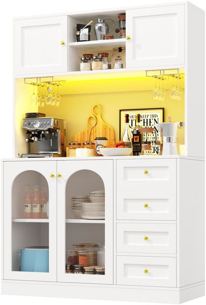Buffetschrank mit LED-Lichtleiste & Fluted Glas, 120 x 40 x 188 cm, Weiß Bild 6