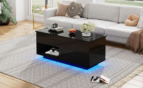 Couchtisch 100x50x55–70,5 cm, Hochglanz-Front mit Lift-Top und 16‑Farben-LED, Schwarz