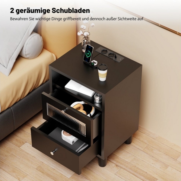 oyajia Nachttisch mit LED-Beleuchtung und Ladefunktion, Beistelltisch (Nachtschrank Beistelltisch mit 2 Schubladen und 1 offener Ablage, 1-St), 2 AC-Steckdosen, 1 typ C+1 USB-Anschlüsse, 40x35x61cm Bild 3