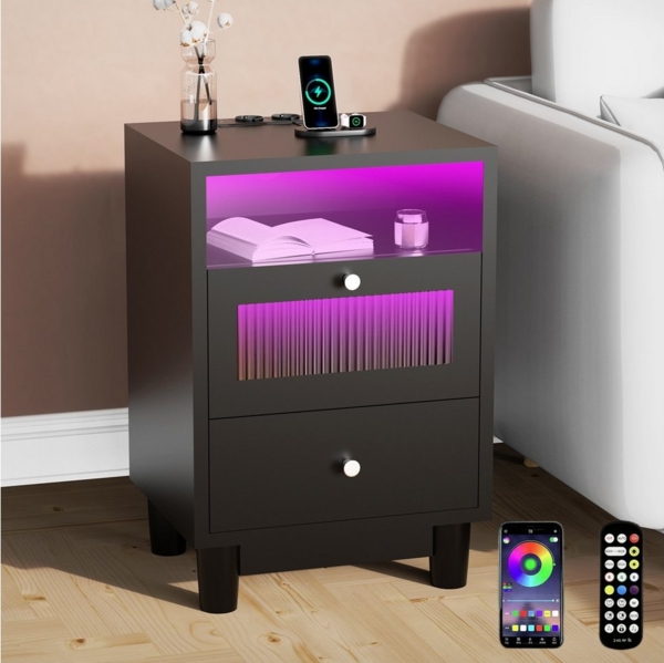 oyajia Nachttisch mit LED-Beleuchtung und Ladefunktion, Beistelltisch (Nachtschrank Beistelltisch mit 2 Schubladen und 1 offener Ablage, 1-St), 2 AC-Steckdosen, 1 typ C+1 USB-Anschlüsse, 40x35x61cm Bild 1