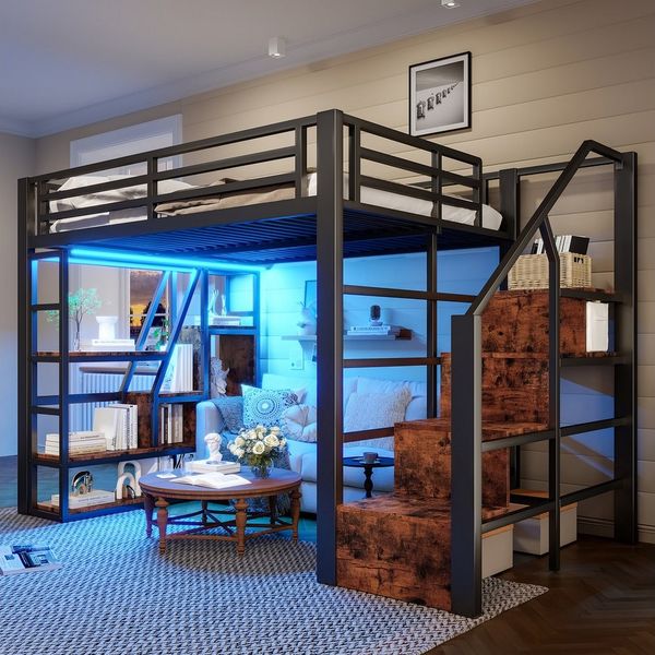 Merax Hochbett 140x200 cm mit LED-Lichtleiste & Stauraum (Jugendbett aus Eisen und MDF, 1-St) Metallbett Kinderbett mit Stauraumtreppe Geländer Ablagefach & Leiter