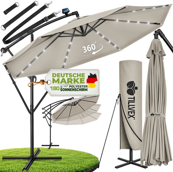 tillvex Alu Ampelschirm Taupe LED Solar Ø 300 cm mit Kurbel | Sonnenschirm mit An-/Ausschalter | Gartenschirm UV-Schutz Aluminium | Kurbelschirm mit Ständer Marktschirm wasserdicht