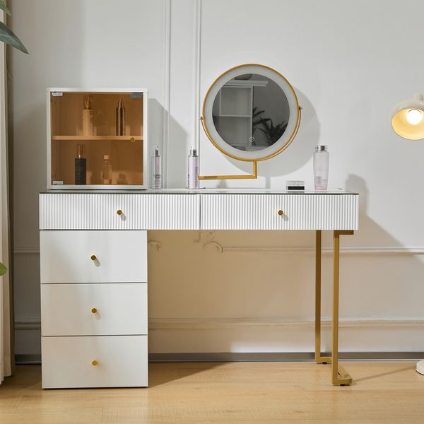 Schminktisch mit LED Beleuchtung Spiegeltisch Beauty Tisch großer Spiegel mit Tageslicht Warmlicht Kaltlicht moderner Makeup Tisch Frisierkommode mit Seitenregal weiß goldene Akzente Kippsicherung, 115cmx45cmx120cm, Weiß
