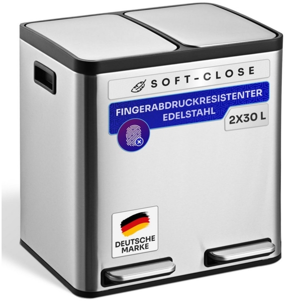 Gardissimo Mülleimer Edelstahl Duo Abfalleimer Treteimer Ruby 2 x 30 Liter = 60 Liter, Soft-Close Deckel Fingerabdruck resistent mit zwei Inneneimern