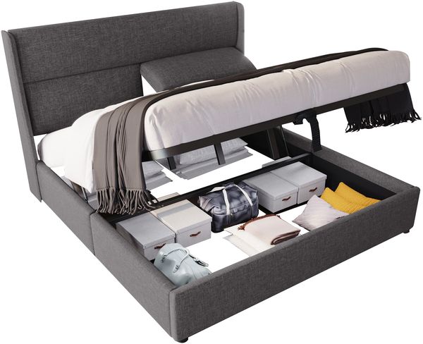 Polsterbett 140x200 cm mit hydraulischem Bettkasten, verstellbarem Wingback-Kopfteil, Leinenbezug und Metalll‑Lattenrost,Grau,Es gibt eine Matratze.