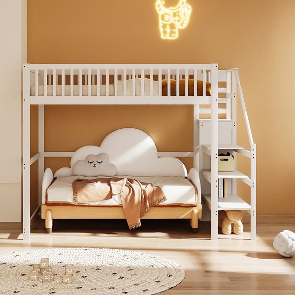 Hochbett Weiß 150kg Tragkraft Massivkiefer Sicherheitsleiter Mit Kleiderschrank 15 Lamellen Lattenrost Platzsparend Kinderzimmer Jugendzimmer Arbeitsbereich, 140x200cm