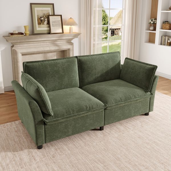 Merax 2-Sitzer Sofa, Zweisitzer Sofa, dicke weiche Polster, Wolkensofa-Gefühl, mit 2 Armlehnenkissen, Chenille Stoff, Grün