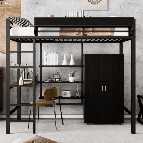 Merax 90x200cm Eisenbett, Etagenbett, Mit Tisch und Kleiderschrank, Reichlich Ablagefächer, Mit 5-stufiger Leiter, Schwarz