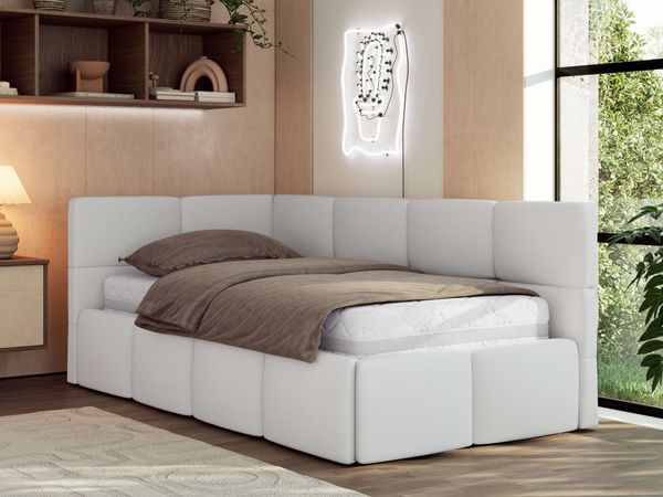 Jugendbett 90x200 ARVO Polsterbett mit Bettkasten, Stauraum & Gasdruckfeder, Modernes Design mit Kopfteil, Foam Matratze - Weiß Kunstleder - MIRO LUX - Links Seite