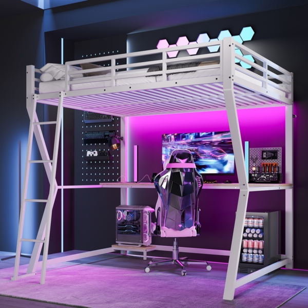 Hochbett 140×200 cm mit Schreibtisch, Computer-Host-Ablage, LED-Lichtleiste fernbedienbar, integrierte Steckdosen & USB,Weiß