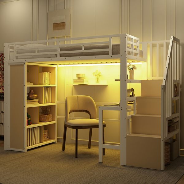 Merax Hochbett, 90 x 200 cm, Kinderbett, Einzelbett, Eisenrahmen, mit Schreibtisch, Ablagefach, LED-Lichtleiste, Treppenkonstruktionen mit Stauraum, ohne Matratze, Weiß