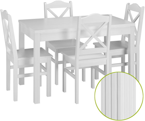 Landhaus-Essgruppe mit Tisch und 4 Stühle Kiefer Massivholz waschweiß 90.70-51 C W-Set 20