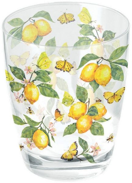 Ambiente Luxury Paper Products Becher, Glas, Trinkglas 9,5cm mit Zitronen & Schmetterling Motiv Weiß / Gelb