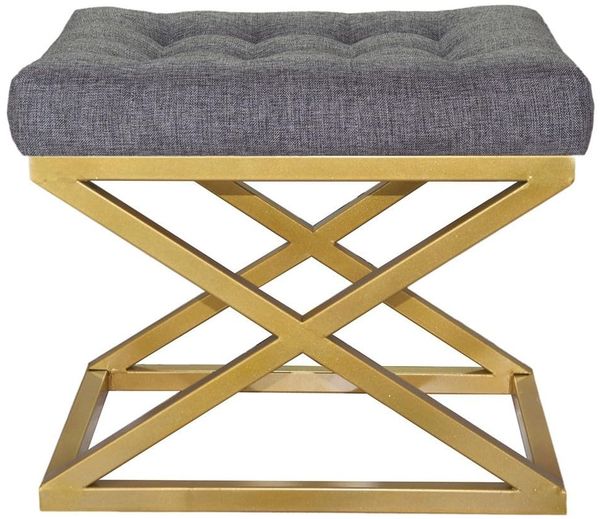 Atelier Del Sofa Stylish Pouffe with Metal Frame, 50 cm Width, 42 cm Height, 40 cm Depth | Luxurious Grey Polyester Velvet & Gold Accents | Perfect for Modern Living Spaces
