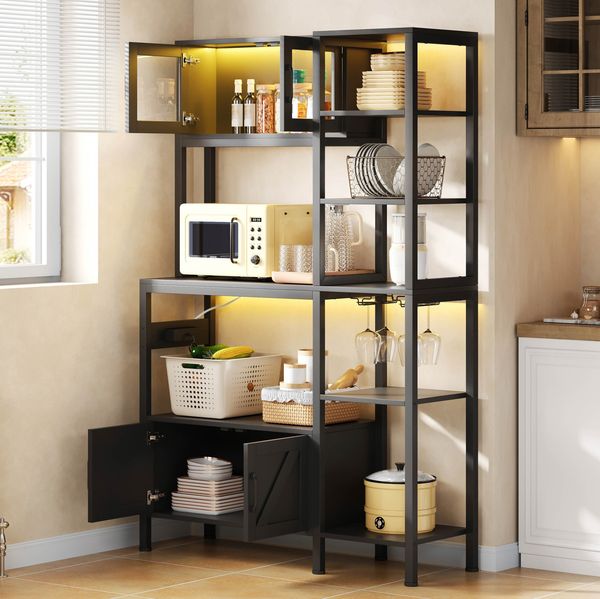 Küchenregal 180 x 115 x 40 cm mit LED und Steckdosenleiste – Hochschrank mit Glas­türen und Arbeitsfläche